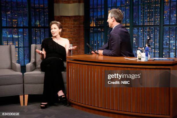 Episode 571 -- Pictured: Actress Carrie Coon talks with host Seth Meyers during an interview on August 17, 2017 --