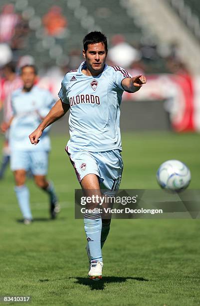 Mike Petke of the Colorado Rapids gestures to the goalkeeper to play the ball in the second half of their MLS match against CD Chivas USA at The Home...