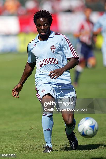 Ugo Ihemelu of the Colorado Rapids plays the ball back to his goalkeeper in the second half of their MLS match against CD Chivas USA at The Home...