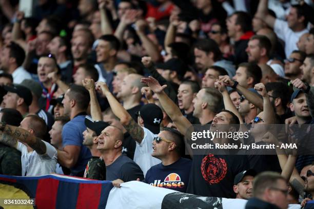Fans of Hadjuk Split during the UEFA Europa League Qualifying Play-Offs round first leg match between Everton FC and Hajduk Split at Goodison Park on...