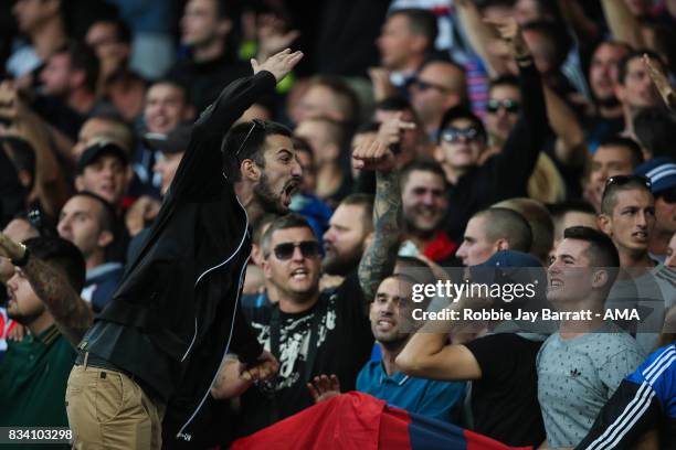 Fans of Hadjuk Split during the UEFA Europa League Qualifying Play-Offs round first leg match between Everton FC and Hajduk Split at Goodison Park on...