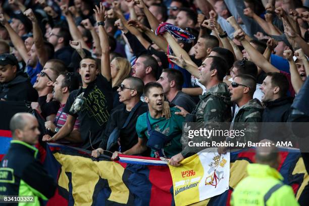 Fans of Hadjuk Split during the UEFA Europa League Qualifying Play-Offs round first leg match between Everton FC and Hajduk Split at Goodison Park on...