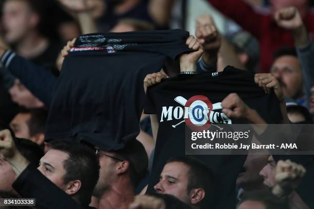 Fans of Hadjuk Split during the UEFA Europa League Qualifying Play-Offs round first leg match between Everton FC and Hajduk Split at Goodison Park on...