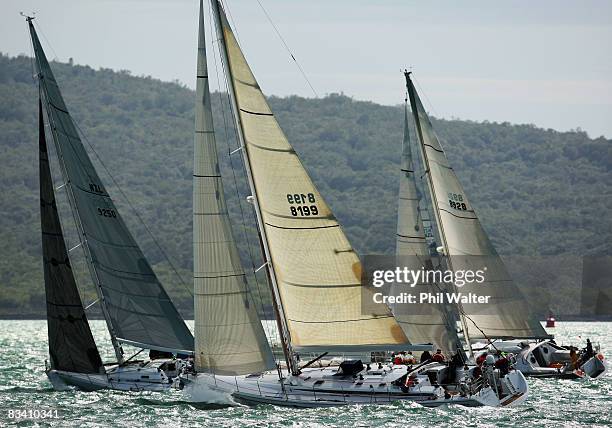 Flotilla of yachts head out to sea at the start of the Coastal Classic Yacht Race in Auckland Harbour on October 24, 2008 in Auckland, New Zealand....