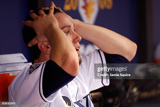 Starting pitcher James Shields of the Tampa Bay Rays reacts in the dugout against the Philadelphia Phillies during game two of the 2008 MLB World...