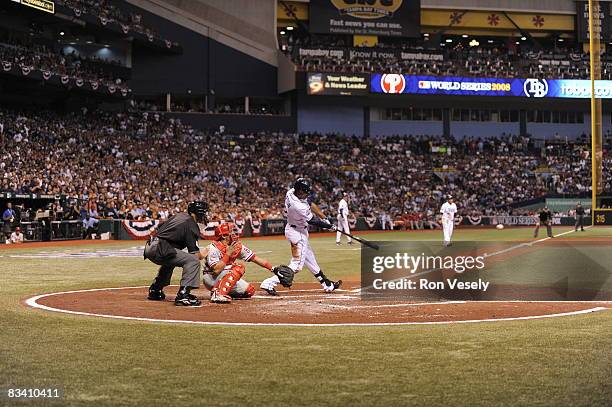 Upton of the Tampa Bay Rays singles on a line drive in the bottom of the second inning during game two of the World Series between the Tampa Bay Rays...