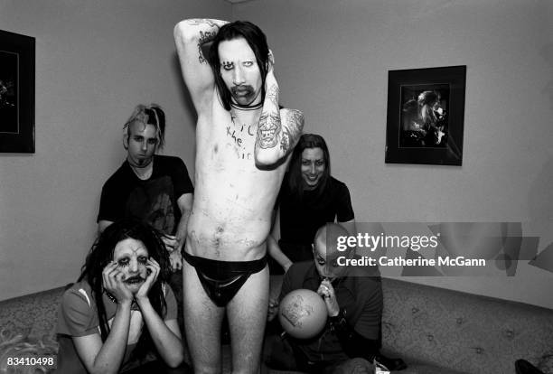 American rock band Marilyn Manson backstage at the taping of the last episode of the "Jon Stewart Show" in June 1995 in New York City, New York. The...