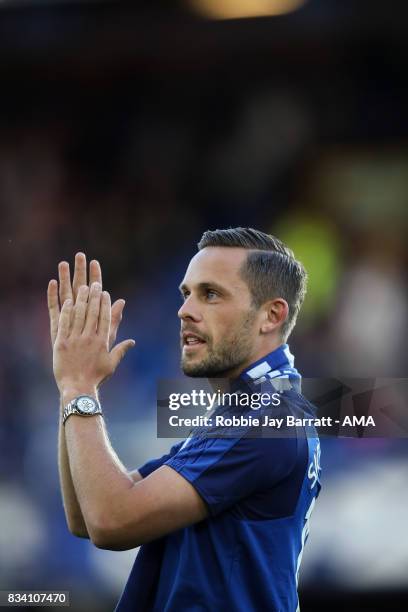 Gylfi Sigurdsson of Everton is unveiled to the fans prior to the UEFA Europa League Qualifying Play-Offs round first leg match between Everton FC and...