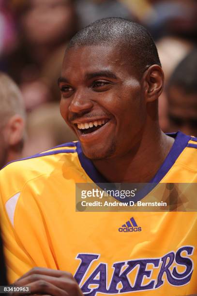 Andrew Bynum of the Los Angeles Lakers sits on the bench during a game against the Charlotte Bobcats on October 23, 2008 at Honda Center in Anaheim,...