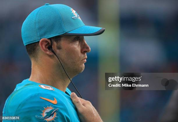 Jay Cutler of the Miami Dolphins looks on during a preseason game against the Baltimore Ravens at Hard Rock Stadium on August 17, 2017 in Miami...