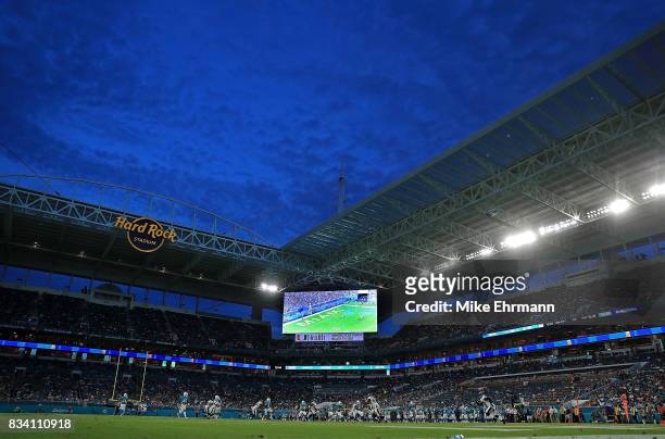 General view of Hard Rock Stadium during a preseason game between the Miami Dolphins and the Baltimore Ravens on August 17, 2017 in Miami Gardens,...