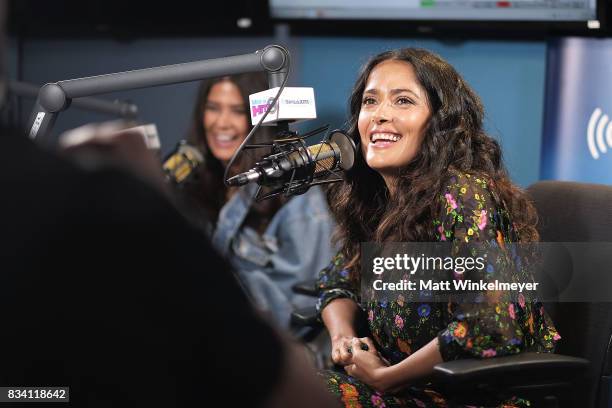 Actress Salma Hayek and SiriusXM host Symon speak on air as Salma Hayek visits the SiriusXM Studios on August 17, 2017 in Los Angeles, California.