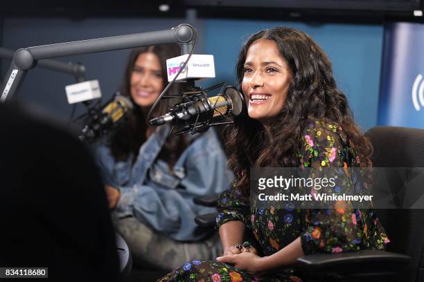 Actress Salma Hayek and SiriusXM host Symon speak on air as Salma Hayek visits the SiriusXM Studios on August 17, 2017 in Los Angeles, California.