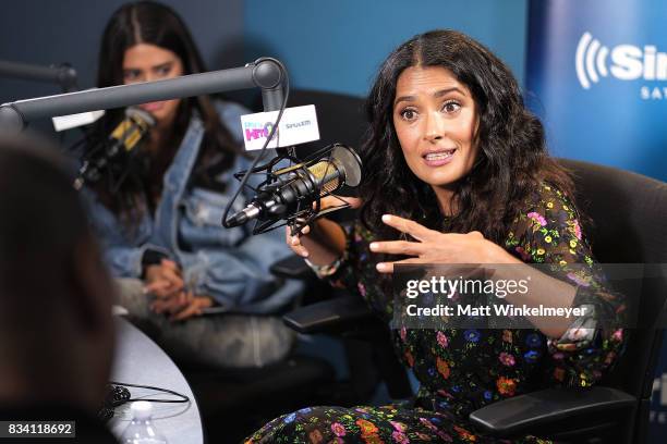 Actress Salma Hayek and SiriusXM host Symon speak on air as Salma Hayek visits the SiriusXM Studios on August 17, 2017 in Los Angeles, California.