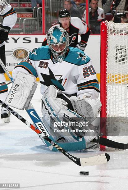 Evgeni Nabokov of the San Jose Sharks stops a shot on goal against the Philadelphia Flyers on October 22, 2008 at the Wachovia Center in...