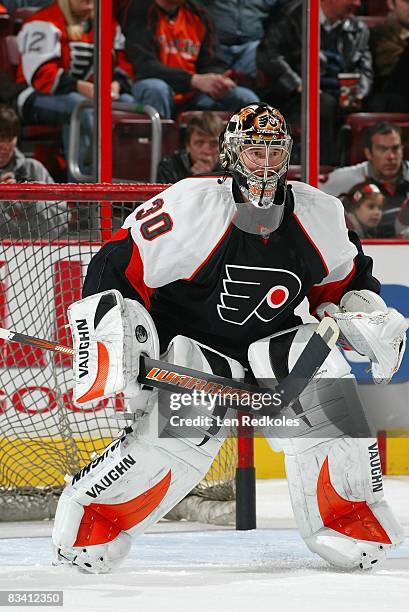 Antero Niittymaki of the Philadelphia Flyers tends goal against the San Jose Sharks on October 22, 2008 at the Wachovia Center in Philadelphia,...