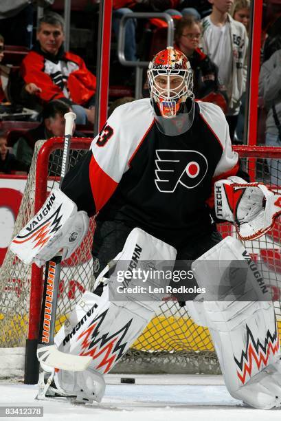 Martin Biron of the Philadelphia Flyers tends goal against the San Jose Sharks on October 22, 2008 at the Wachovia Center in Philadelphia,...