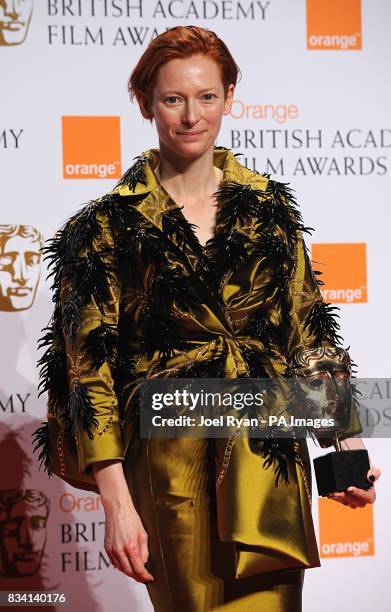 Tilda Swinton with the Best Supporting Actress award recieved for Michael Clayton during the 2008 Orange British Academy Film Awards at the Royal...