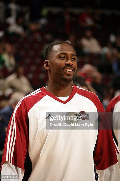 Lorenzen Wright of the Cleveland Cavaliers looks on with a smile during warm ups prior to the game against the Philadelphia 76ers at Quicken Loans...