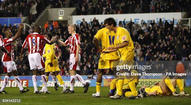 Stoke celebrate Darren Powell's own goal during the Coca-Cola Championship match at the Britannia Stadium, Stoke.