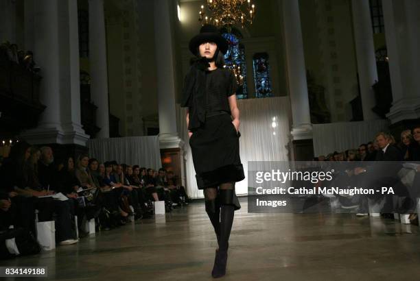 Model pictured during Richard Nicoll's London Fashion Week Autumn/Winter 2008 catwalk show in the Christ Church, Spitalfield, central London.