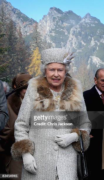 Queen Elizabeth II poses for a photograph during her tour of Hrebienok Ski Resort on the second day of a tour of Slovakia on October 24, 2008 in...