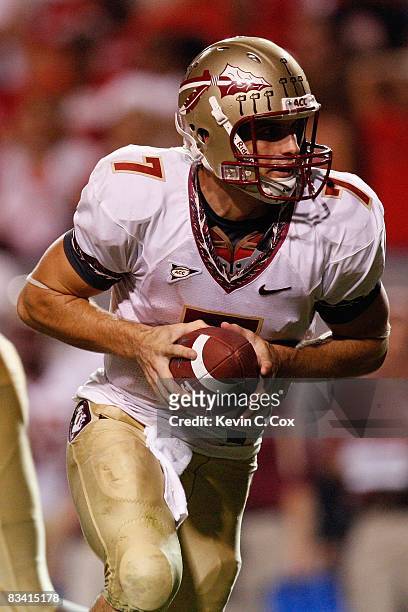 Christian Ponder of the Florida State Seminoles looks to hand off during the game against the North Carolina State Wolfpack at Carter-Finley Stadium...