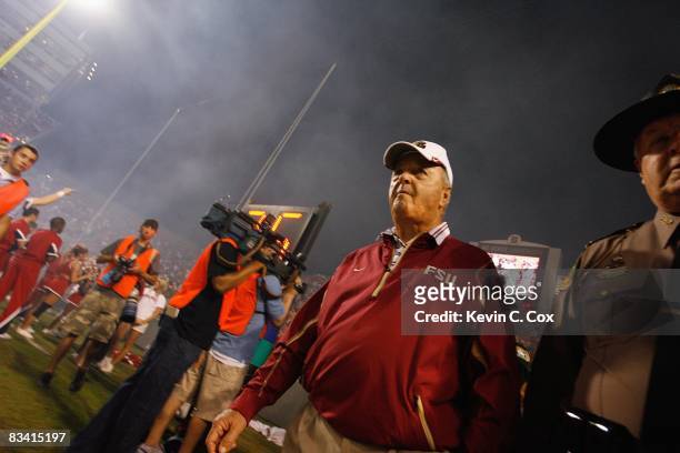 Head coach Bobby Bowden of the Florida State Seminoles walks on the field during the game against the North Carolina State Wolfpack at Carter-Finley...