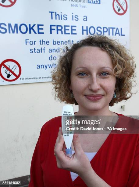 Kelly Anne Bullingham after being tested for carbon monoxide at the George Eliot Hospital, Nuneaton. Mothers-to-be are to undergo breath tests to...