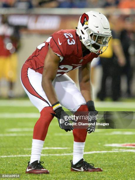 Running back Sojourn Shelton of the Arizona Cardinals awaits the snap from his position in the third quarter of the 2017 Pro Football Hall of Fame...