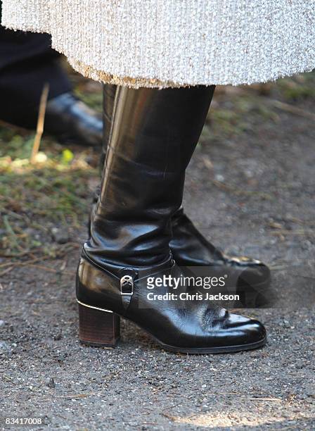 Detail of HRH Queen Elizabeth's boots are seen as she arrives at Hrebienok Ski Resort on a funicular railway on the second day of a tour of Slovakia...