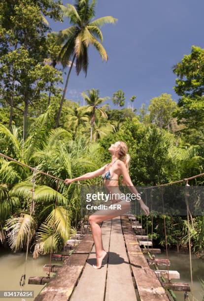 fashion meets nature, bikini beauty, corcovado national park, costa rica - chain bridge suspension bridge stock pictures, royalty-free photos & images