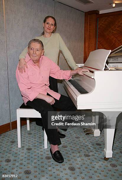 Phoebe Lewis and Jerry Lee Lewis attend press conference promoting performance at The London Rock 'n' Roll Festival at Royal Garden Hotel on October...
