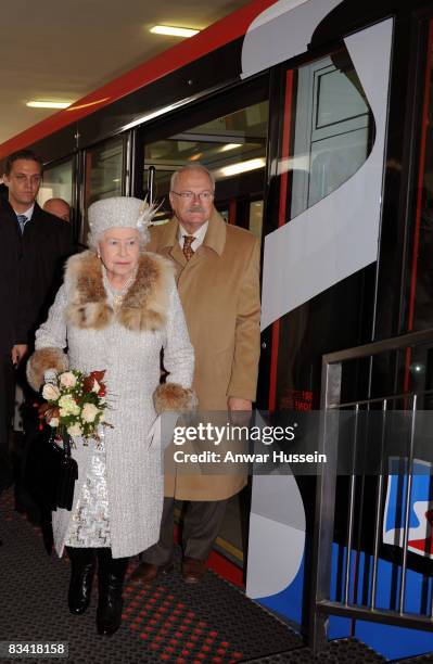 Queen Elizabeth ll and President Ivan Gasparovic arrive at Hrebienok Ski Resort on a funicular railway on the second day of a tour of Slovakia on...