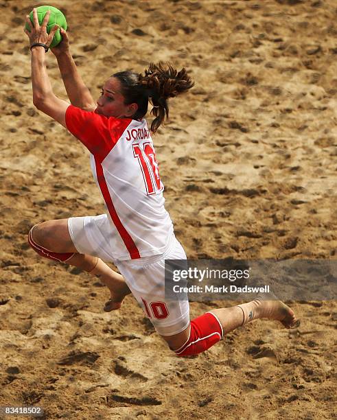 Rasha Obeidat of Jordan shoots at goal during the match with Indonesia in the Womens Beach Handball on day seven of the 2008 Asian Beach Games at...