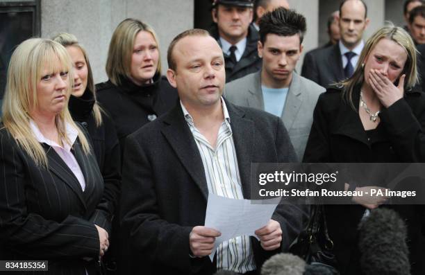 Father of Sally Anne Bowman, Paul Bowman reads a statement with his wife Linda and daughters Nicole Danielle 3rd left Michelle right and boyfriend...