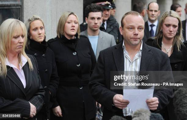 Father of Sally Ann Bowman, Paul Bowman reads a statement with his wife Linda and daughters Nicole Danielle 3rd left Michelle right and boyfriend...