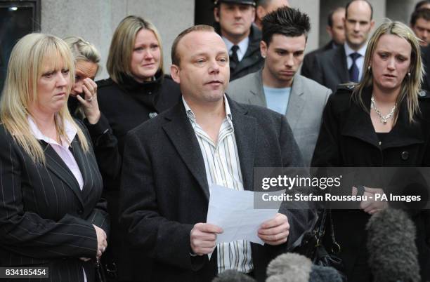 Father of Sally Ann Bowman, Paul Bowman reads a statement with his wife Linda and daughters Nicole Danielle 3rd left Michelle right and boyfriend...