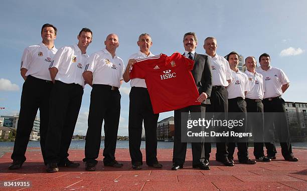 The British and Irish Lions management team of Greg Thomas head of media, Rob Howley, backs coach, Shaun Edwards, defence coach, Ian McGeechan head...