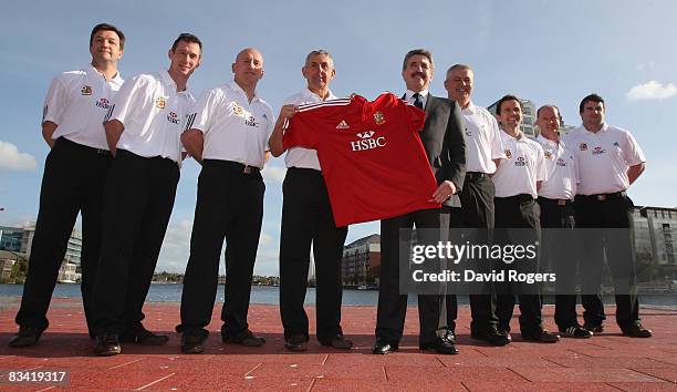 The British and Irish Lions management team of Greg Thomas head of media, Rob Howley, backs coach, Shaun Edwards, defence coach, Ian McGeechan head...