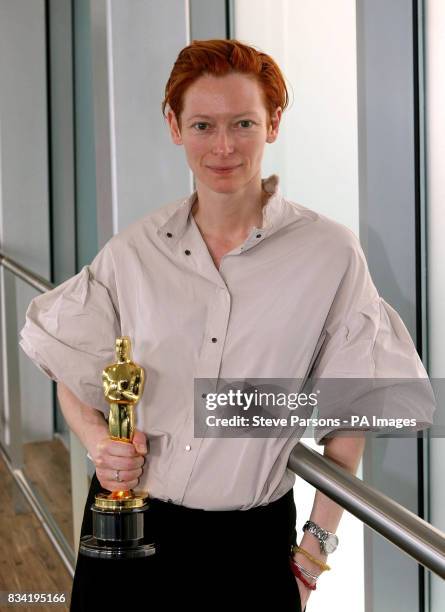 Tilda Swinton - winner of the Best Supporting Actress award at the Oscars, for her role in Michael Clayton - arrives back in the UK at Heathrow...