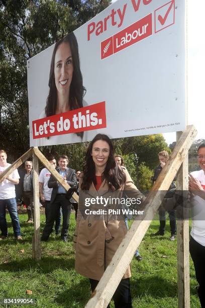 Labour Party leader Jacinda Ardern poses with supporters after unveiling the new election campaign hoardings on August 18, 2017 in Auckland, New...