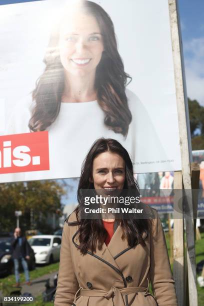 Labour Party leader Jacinda Ardern poses with supporters after unveiling the new election campaign hoardings on August 18, 2017 in Auckland, New...