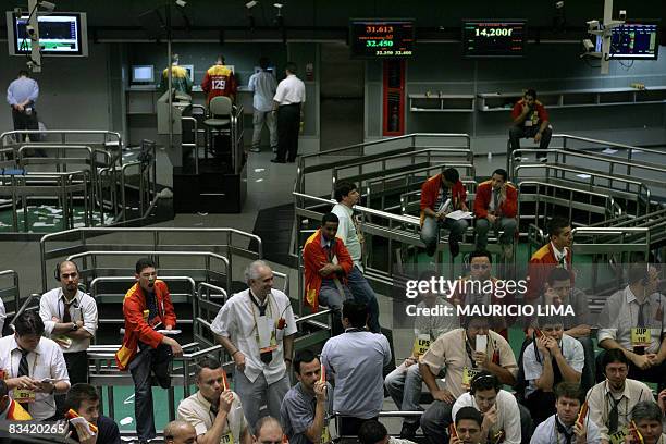 Stock traders negotiate in the iBovespa future index pit, at the Mercantile & Futures Exchange in Sao Paulo, Brazil, on October 24, 2008. In Sao...