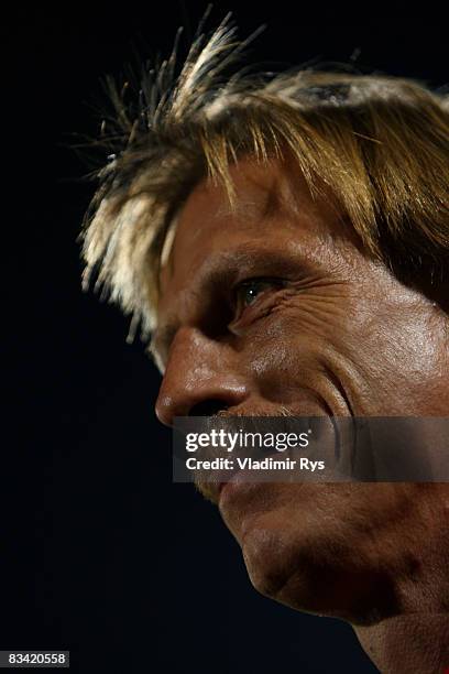 Coach Christoph Daum of Koeln is seen during the Bundesliga match between Bayer Leverkusen and 1. FC Koeln at the BayArena on October 24, 2008 in...