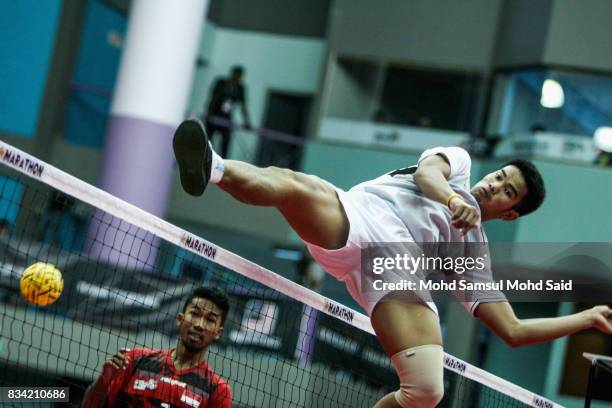 Thailand player plays a shoot Sepak Takraw Men's team competition against Indonesia on day one of the 2017 SEA Games on August 18, 2017 in Kuala...