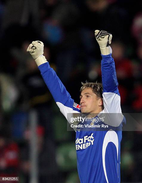 Rene Adler of Leverkusen celebrates the 2:0 win at the Bundesliga match between Bayer Leverkusen and 1. FC Koeln at the BayArena on October 24, 2008...