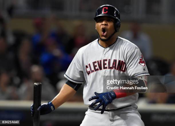 Edwin Encarnacion of the Cleveland Indians reacts to striking out against the Minnesota Twins during the ninth inning in game two of a doubleheader...