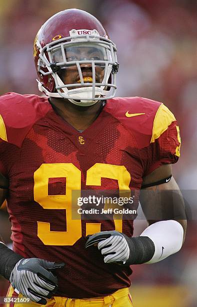 Everson Griffen of the USC Trojans looks on during the game against the Oregon Ducks on October 4, 2008 at the Los Angeles Memorial Coliseum in Los...