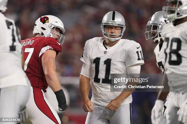 Kicker Sebastian Janikowski of the Oakland Raiders reacts to a missed field goal during the NFL game against the Arizona Cardinals at the University...